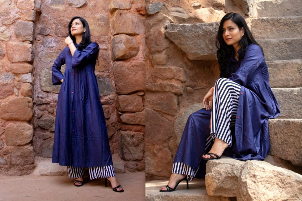 Blue striped white wide legged pants with front buttoned navy long tunic Kurti