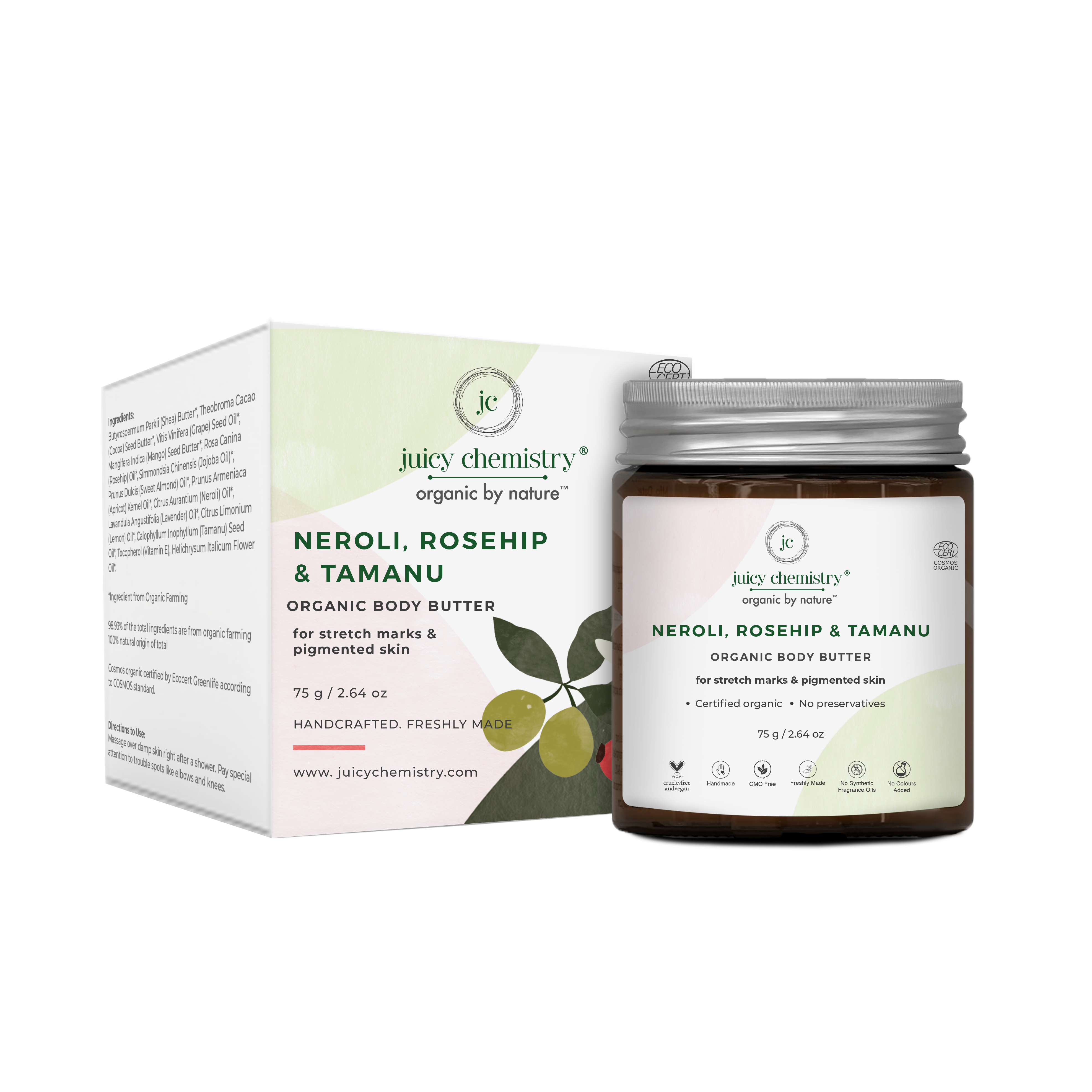 Body Butter_Neroli, Rosehip & Tamanu_75 gm_Box & Bottle_Side View_png