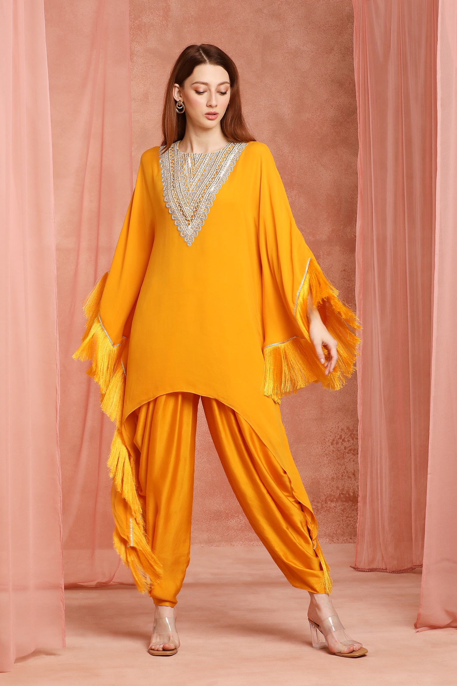 Neha mehra orange kaftan suit