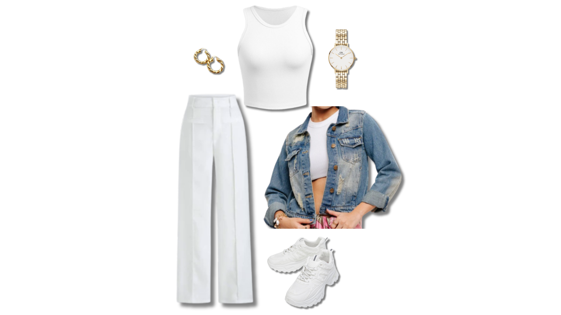 A functional casual outfit featuring white trousers, with white sleeveless crop top and denim jacket with sneakers , golden hoops and gold wrist watch 