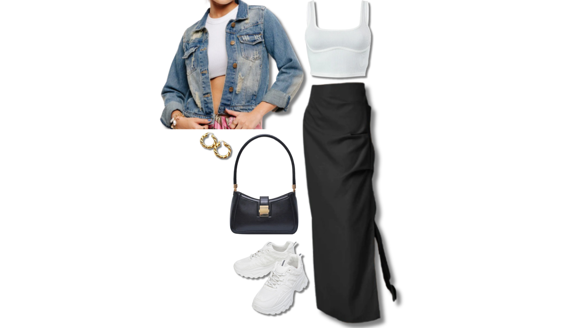 what to wear with denim jacket female | Stylish outfit combination with denim jacket, white crop top, black wrap skirt, white sneakers, black handbag, and gold hoop earrings.