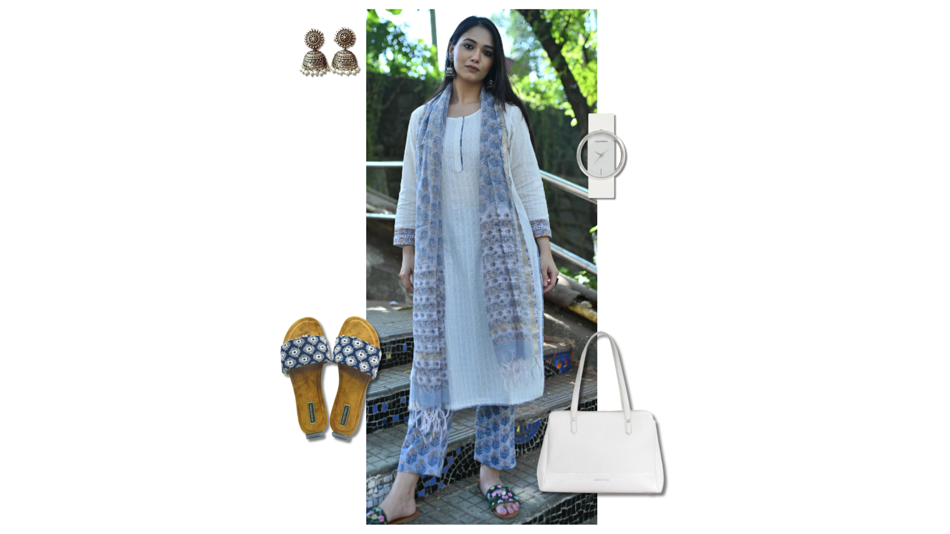 An indian kurta and lower outfit featured with white handbag, mules and jhumki