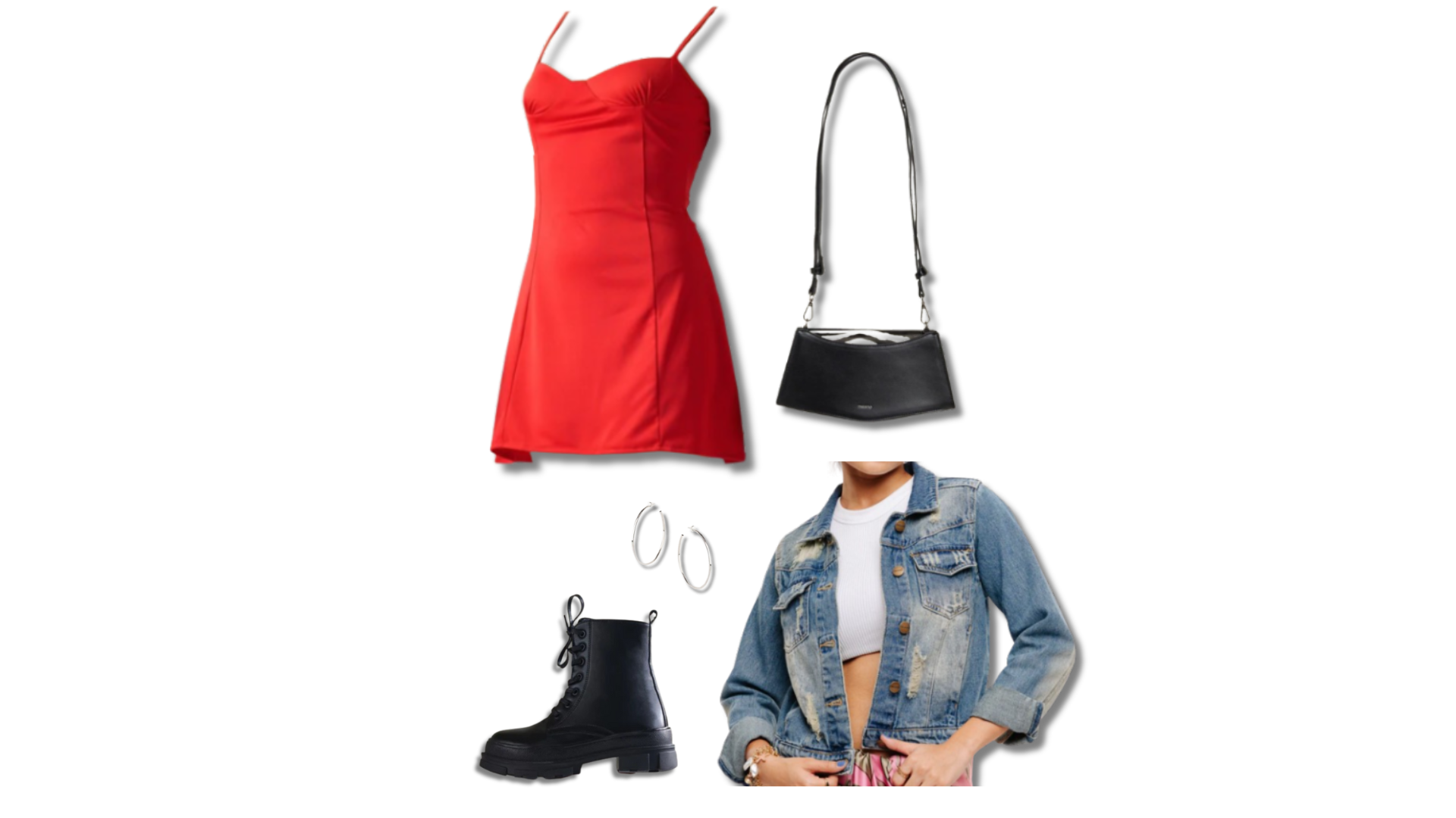 Chic outfit ensemble featuring a red slip dress, distressed denim jacket, black combat boots, silver hoop earrings, and black shoulder bag.