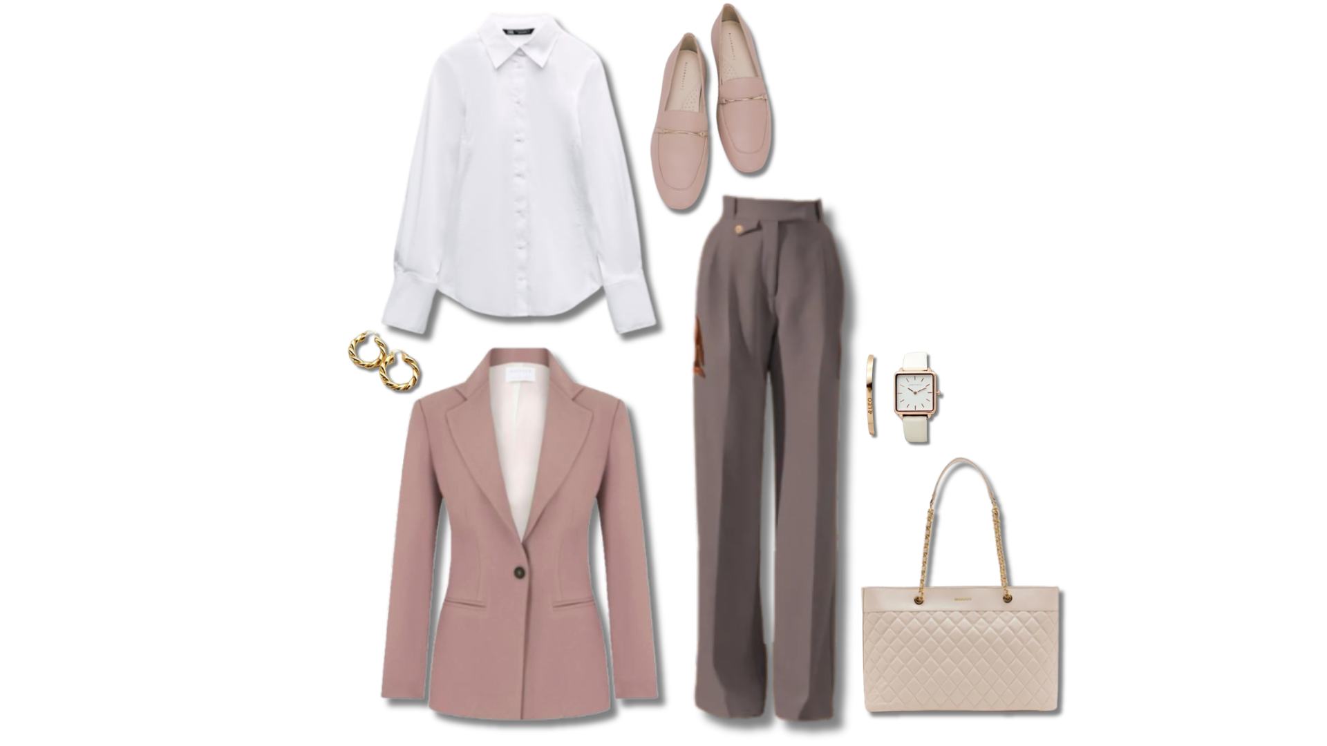 Professional interview outfit with mauve blazer, gray trousers, white shirt, beige loafers, gold link bracelet, white watch, and beige quilted handbag.