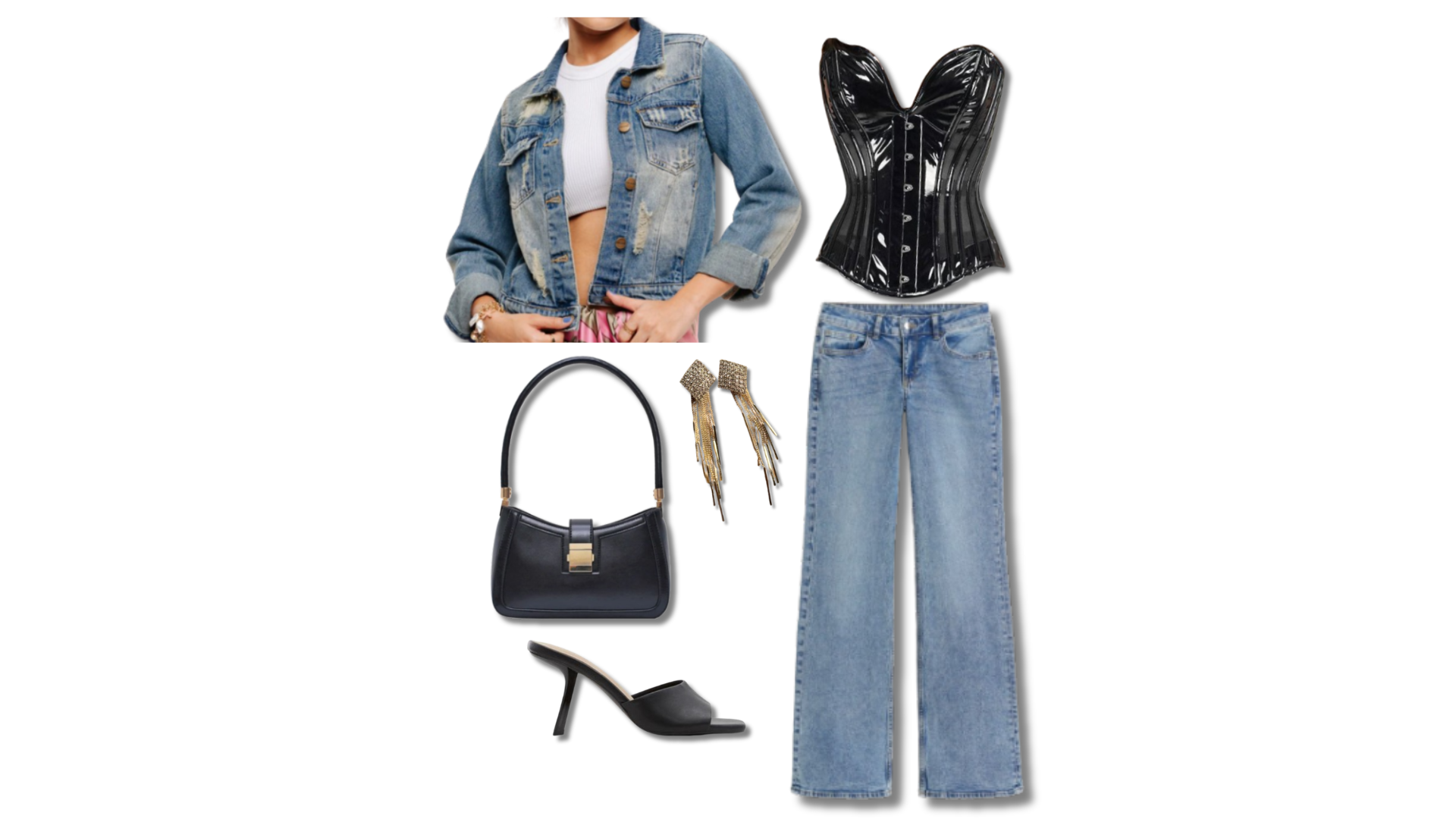 A party outfit featuring a denim pant and denim jacket paired with a black corset top and black mules and black hand bag