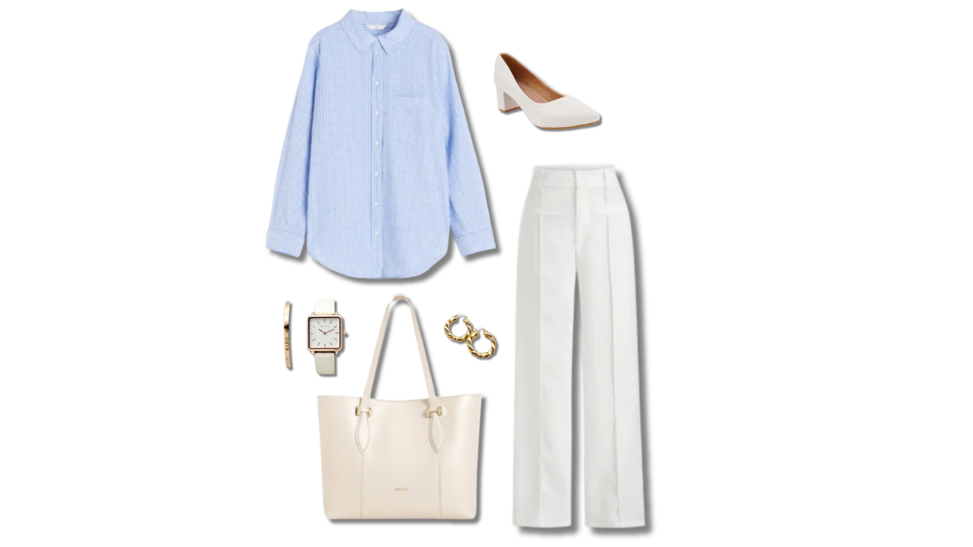 Smart casual business outfit featuring a light blue striped shirt, white wide-leg trousers, white pointed heels, beige tote bag, white watch, and gold hoop earrings.