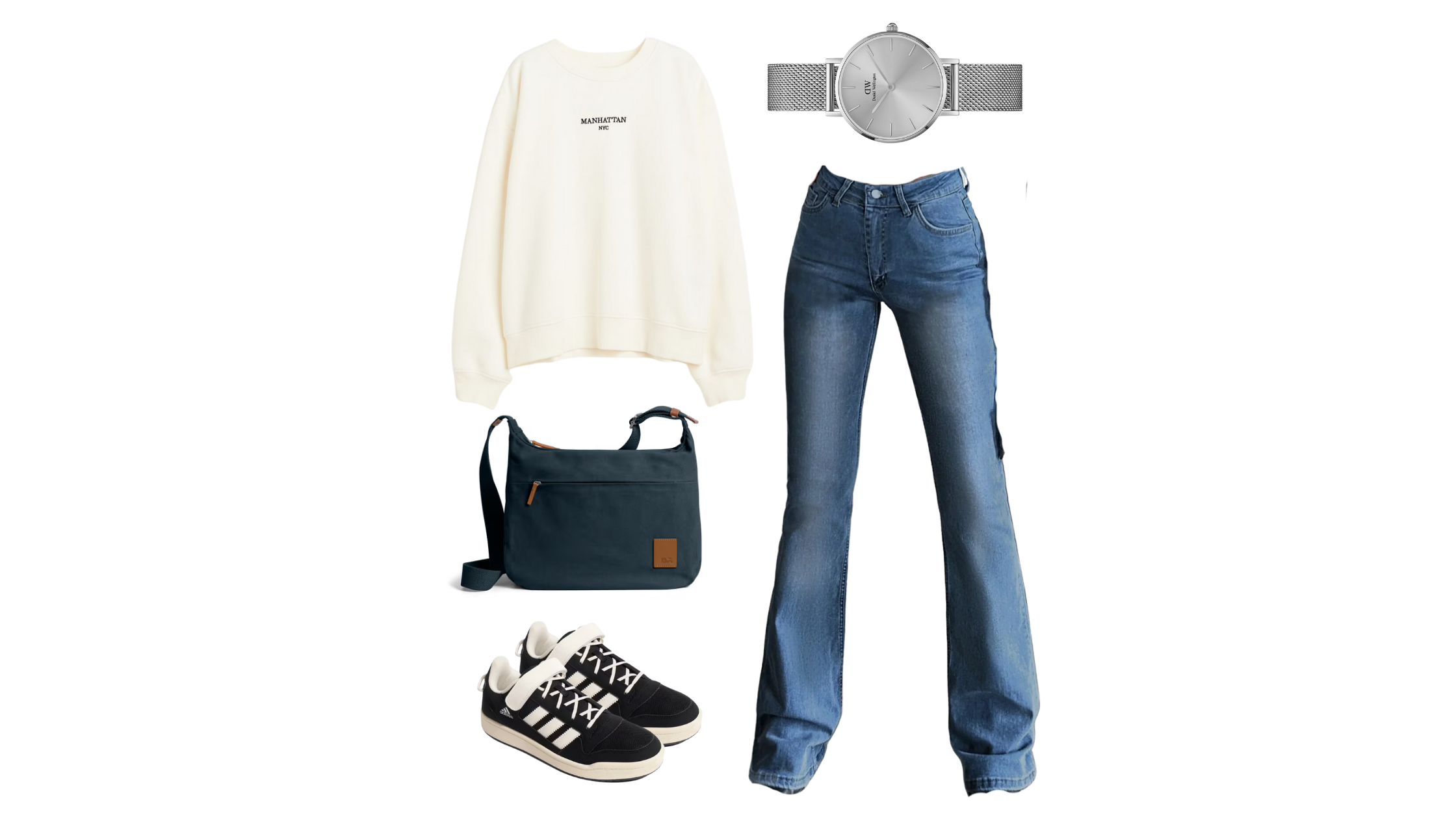 Flared jeans : Offduty | Sweatshirt : HM Bag : Daily Objects | Watch : Daniel Wllington Sneakers : Adidas