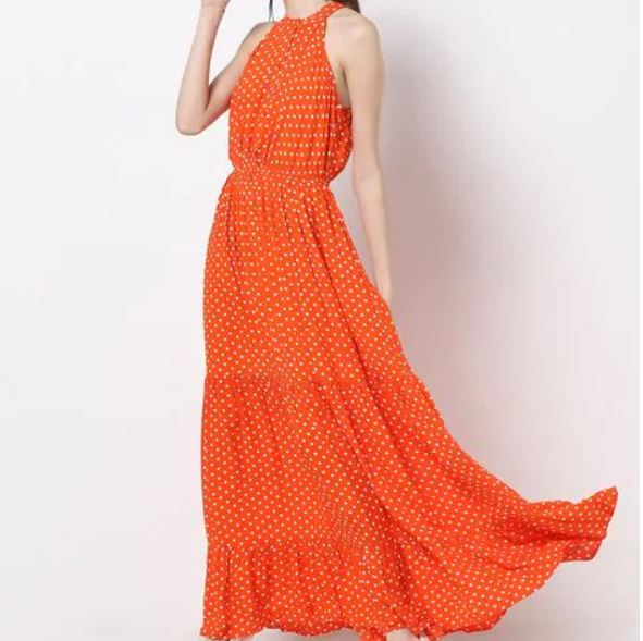 Orange polka dots gown with halter neck