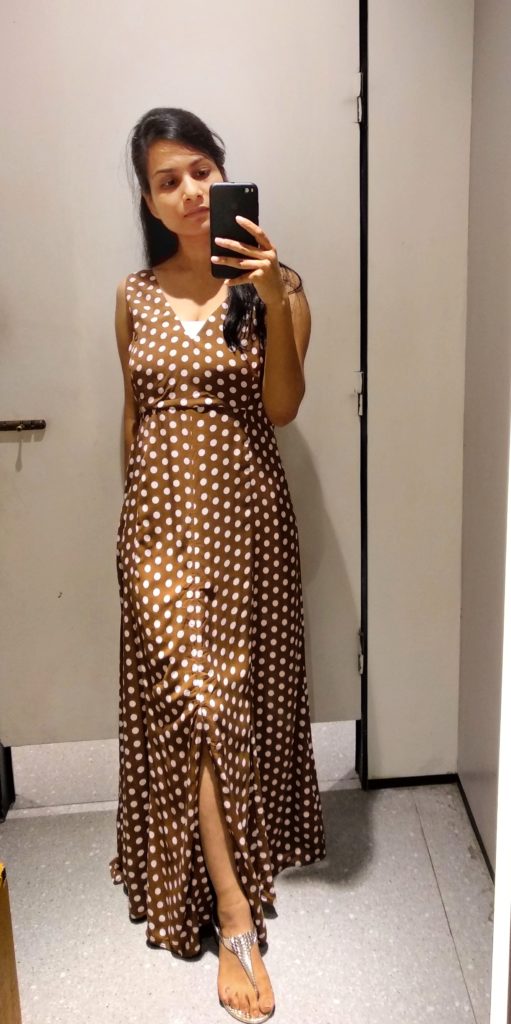 light brown polka dot maxi dress with front slit