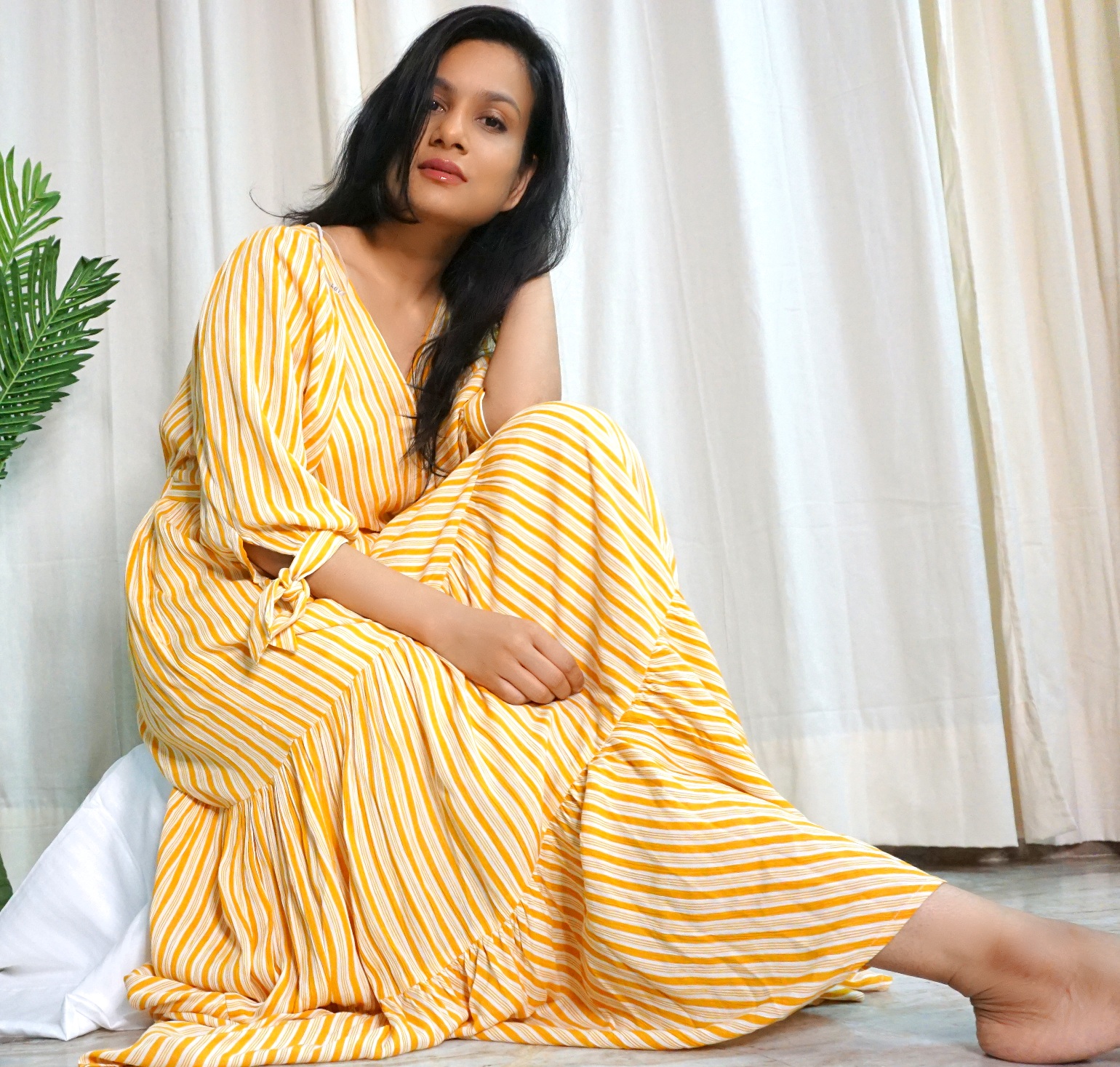 Outfit details: Mustard Maxi dress - LOV by Westside", Brown toe looped flats>