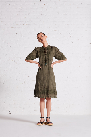 Label Ritu Kumar_Olive Green Crinkled Short Dress_INR 5900