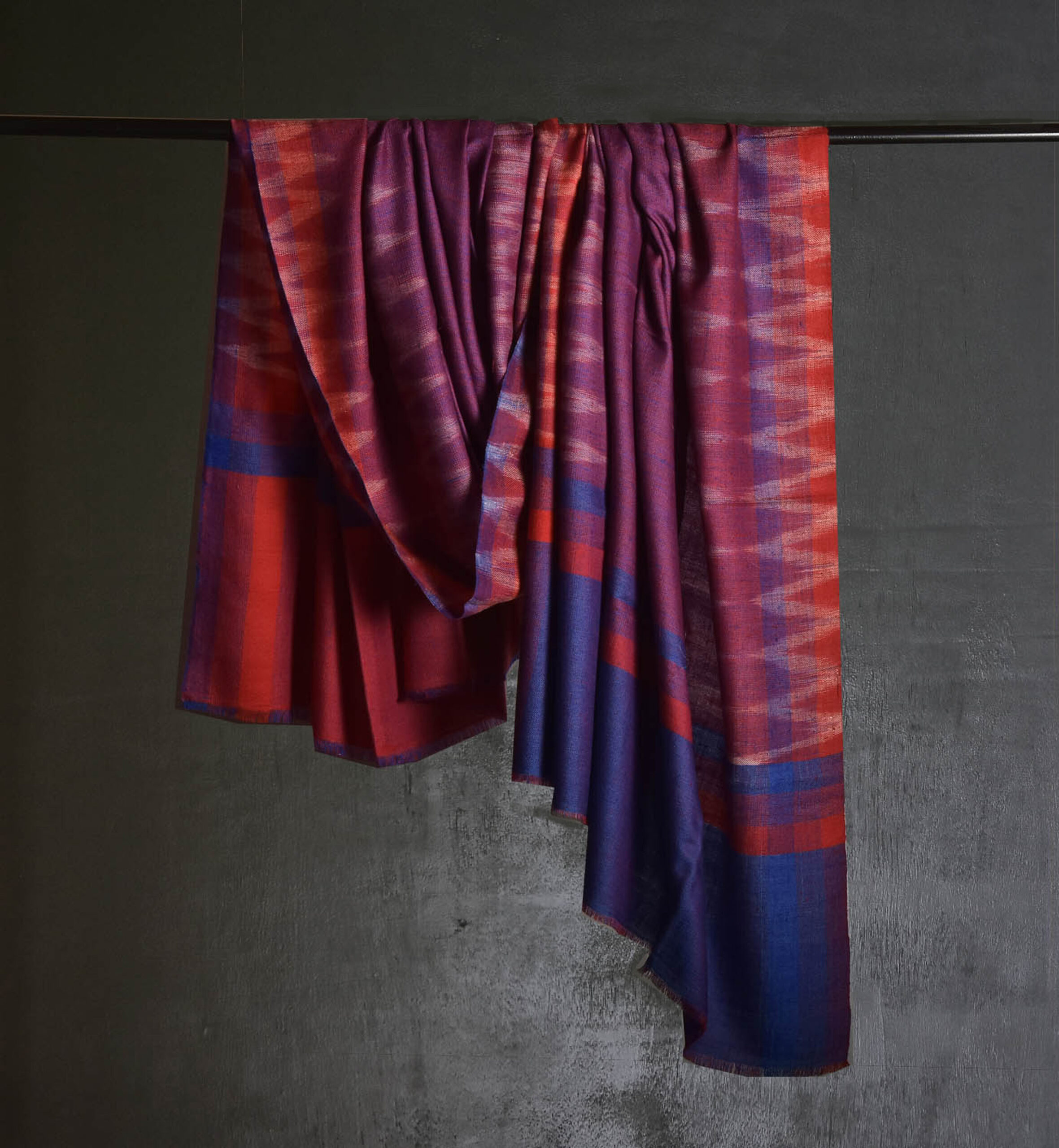 All Things Kashmir Pashmina Shawl Ikat in Shades of Blue and Red