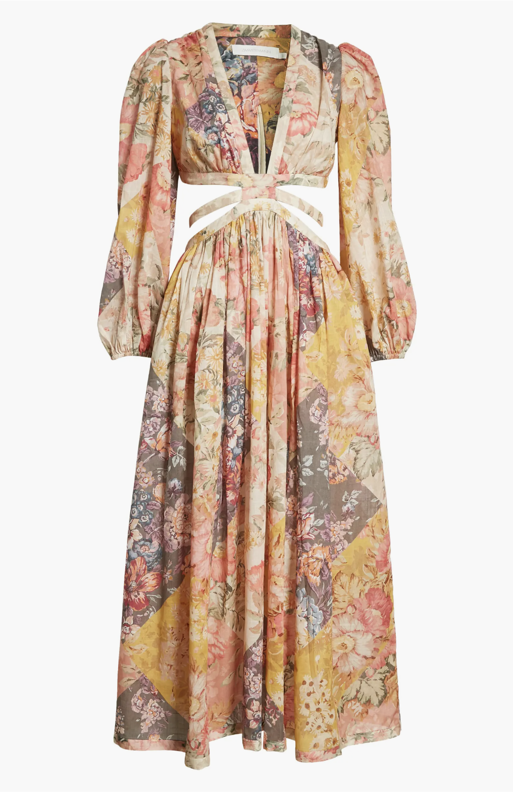 Floral Print Long Sleeve Cutout Cotton Maxi Dress