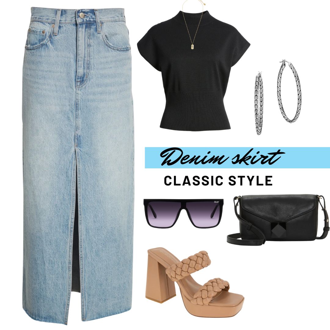 Combine a straight midi denim skirt with a tank top or any staple black or white knit tops. Accessorise with bags, pendant necklace and a sling bag to create a classic look.