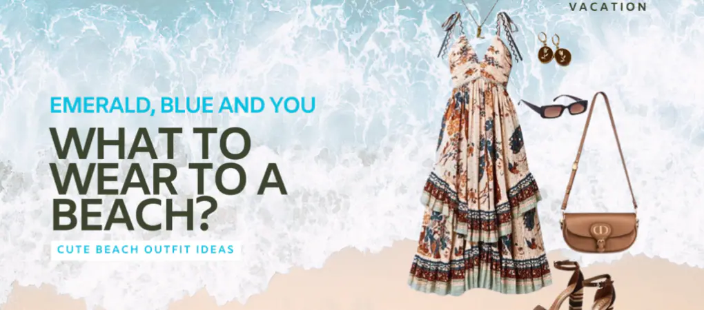 A bohemian-style beach outfit with a floral maxi dress, brown strappy sandals, a brown leather crossbody bag, gold earrings, and sunglasses, with a background of ocean waves. What to wear to Goa | Beach | Andaman | Honeymoon