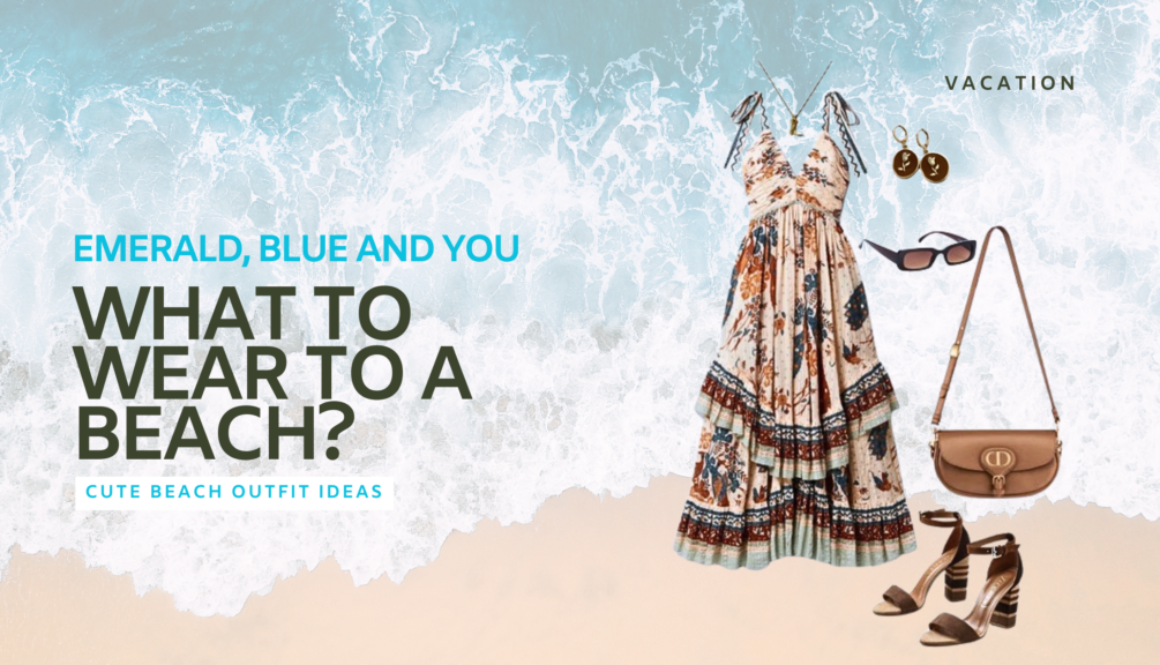 A bohemian-style beach outfit with a floral maxi dress, brown strappy sandals, a brown leather crossbody bag, gold earrings, and sunglasses, with a background of ocean waves. What to wear to Goa | Beach | Andaman | Honeymoon