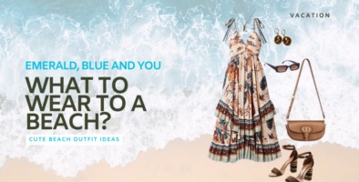 A bohemian-style beach outfit with a floral maxi dress, brown strappy sandals, a brown leather crossbody bag, gold earrings, and sunglasses, with a background of ocean waves. What to wear to Goa | Beach | Andaman | Honeymoon