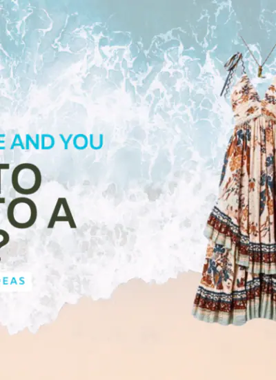 A bohemian-style beach outfit with a floral maxi dress, brown strappy sandals, a brown leather crossbody bag, gold earrings, and sunglasses, with a background of ocean waves. What to wear to Goa | Beach | Andaman | Honeymoon