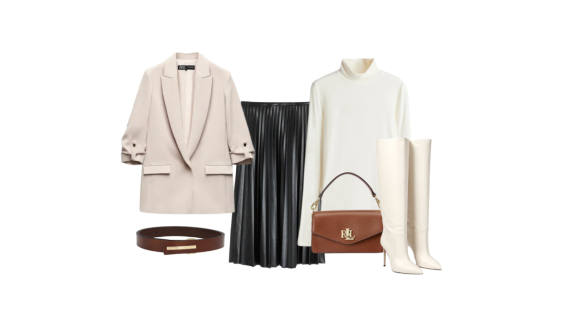 Neutral-toned pleated skirt styled with a beige blazer, turtleneck sweater, white knee-high boots, and a brown belt and handbag.