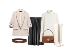 Neutral-toned pleated skirt styled with a beige blazer, turtleneck sweater, white knee-high boots, and a brown belt and handbag.