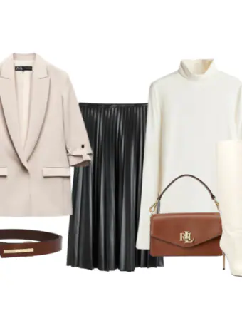 Neutral-toned pleated skirt styled with a beige blazer, turtleneck sweater, white knee-high boots, and a brown belt and handbag.