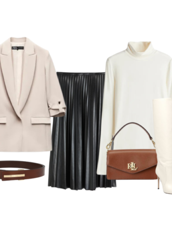 Neutral-toned pleated skirt styled with a beige blazer, turtleneck sweater, white knee-high boots, and a brown belt and handbag.