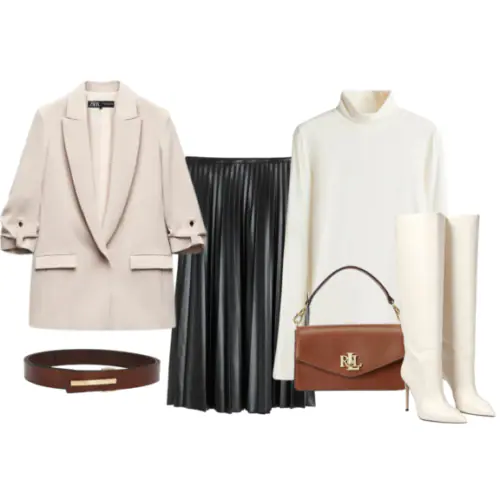 Neutral-toned pleated skirt styled with a beige blazer, turtleneck sweater, white knee-high boots, and a brown belt and handbag.