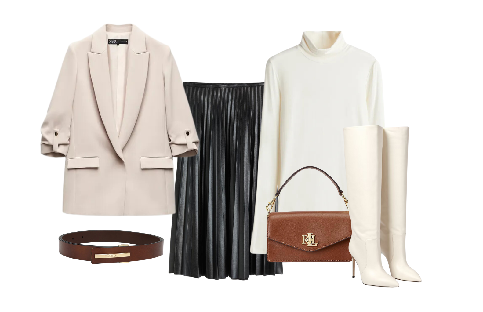 Neutral-toned pleated skirt styled with a beige blazer, turtleneck sweater, white knee-high boots, and a brown belt and handbag.