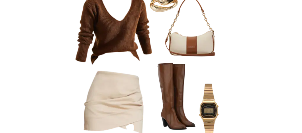 Woman in a brown knit sweater paired with a cream mini skirt, brown knee-high boots, gold rings, and a two-toned cream and brown shoulder bag – cozy and stylish for an adventurous fall date.