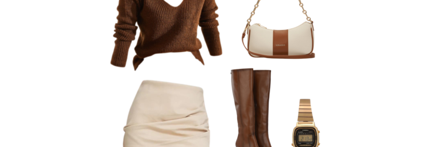 Woman in a brown knit sweater paired with a cream mini skirt, brown knee-high boots, gold rings, and a two-toned cream and brown shoulder bag – cozy and stylish for an adventurous fall date.