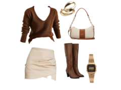 Woman in a brown knit sweater paired with a cream mini skirt, brown knee-high boots, gold rings, and a two-toned cream and brown shoulder bag – cozy and stylish for an adventurous fall date.