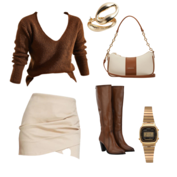 Woman in a brown knit sweater paired with a cream mini skirt, brown knee-high boots, gold rings, and a two-toned cream and brown shoulder bag – cozy and stylish for an adventurous fall date.