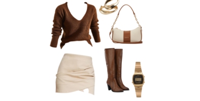 Woman in a brown knit sweater paired with a cream mini skirt, brown knee-high boots, gold rings, and a two-toned cream and brown shoulder bag – cozy and stylish for an adventurous fall date.