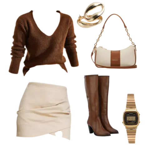 Woman in a brown knit sweater paired with a cream mini skirt, brown knee-high boots, gold rings, and a two-toned cream and brown shoulder bag – cozy and stylish for an adventurous fall date.