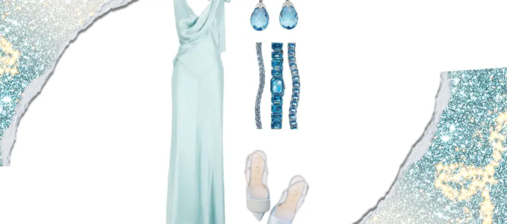 Light blue gown for summer birthday party| Elegant white sandals for chic birthday attire for women | Blue and silver jewelry set to complement birthday dress | Chic light blue clutch for birthday essentials