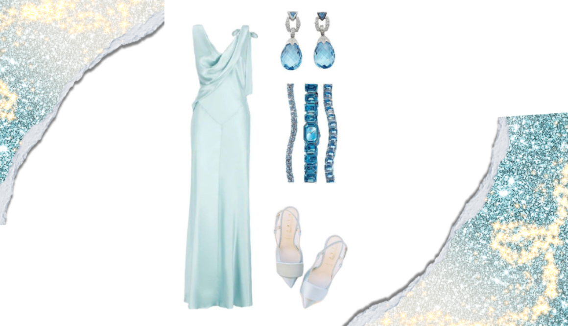 Light blue gown for summer birthday party| Elegant white sandals for chic birthday attire for women | Blue and silver jewelry set to complement birthday dress | Chic light blue clutch for birthday essentials