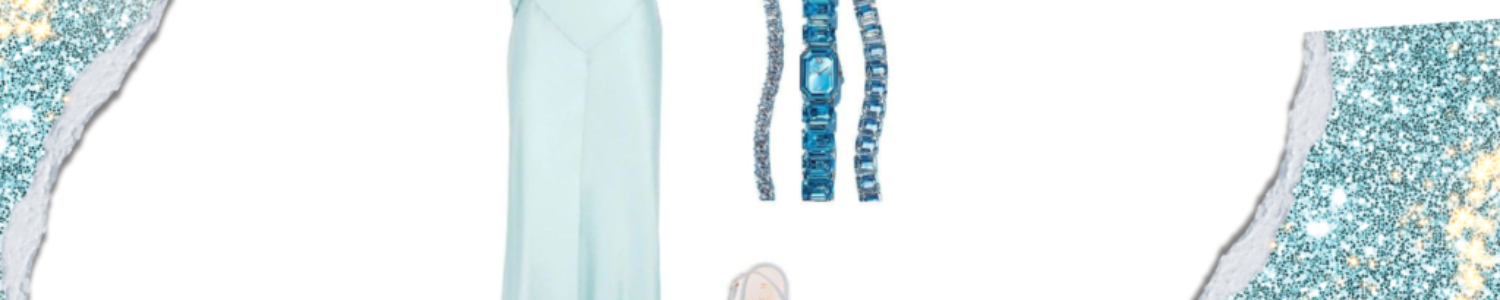 Light blue gown for summer birthday party| Elegant white sandals for chic birthday attire for women | Blue and silver jewelry set to complement birthday dress | Chic light blue clutch for birthday essentials