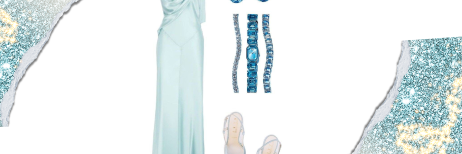 Light blue gown for summer birthday party| Elegant white sandals for chic birthday attire for women | Blue and silver jewelry set to complement birthday dress | Chic light blue clutch for birthday essentials