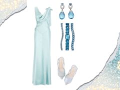 Light blue gown for summer birthday party| Elegant white sandals for chic birthday attire for women | Blue and silver jewelry set to complement birthday dress | Chic light blue clutch for birthday essentials