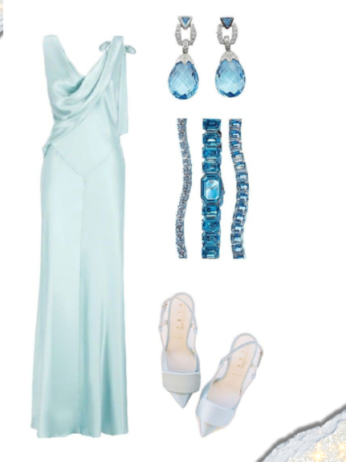 Light blue gown for summer birthday party| Elegant white sandals for chic birthday attire for women | Blue and silver jewelry set to complement birthday dress | Chic light blue clutch for birthday essentials