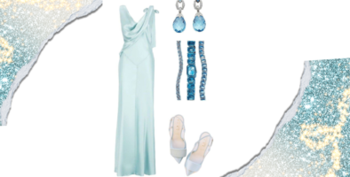 Light blue gown for summer birthday party| Elegant white sandals for chic birthday attire for women | Blue and silver jewelry set to complement birthday dress | Chic light blue clutch for birthday essentials