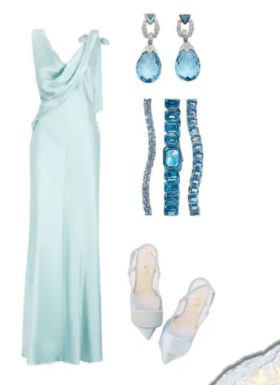 Light blue gown for summer birthday party| Elegant white sandals for chic birthday attire for women | Blue and silver jewelry set to complement birthday dress | Chic light blue clutch for birthday essentials