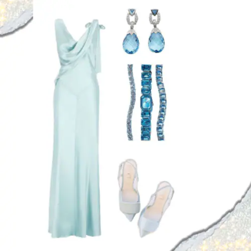 Light blue gown for summer birthday party| Elegant white sandals for chic birthday attire for women | Blue and silver jewelry set to complement birthday dress | Chic light blue clutch for birthday essentials