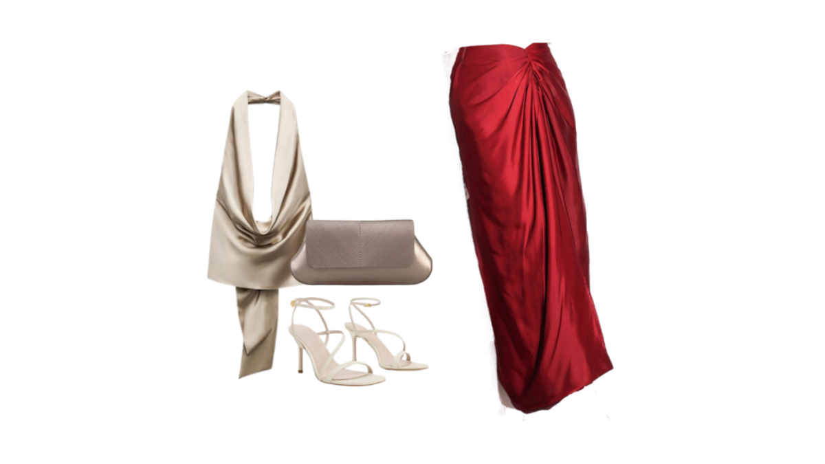 Evening glam outfit featuring a champagne satin halter corset top, red satin cowl skirt, nude strappy heels, and a sleek beige clutch