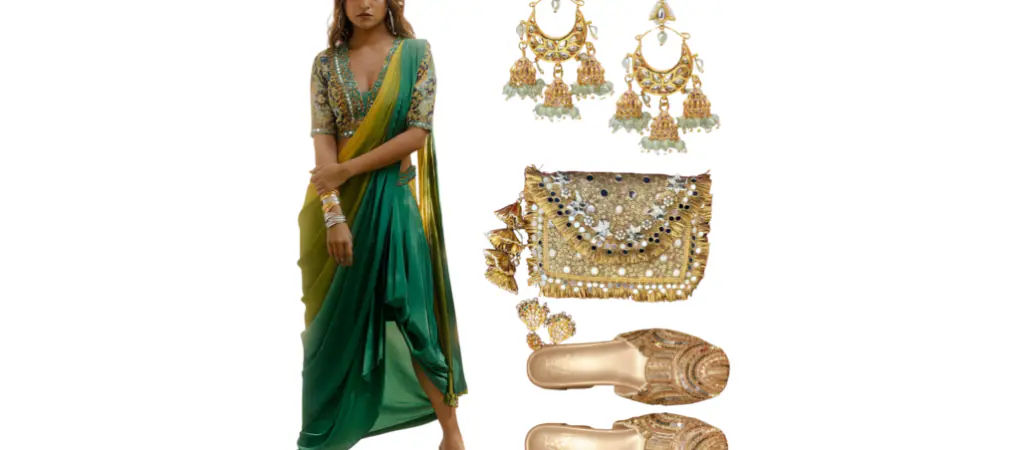 Elegant traditional outfit with a green drape sari skirt, embroidered blouse, gold Kolhapuri flats, statement earrings, and a golden embellished potli bag.