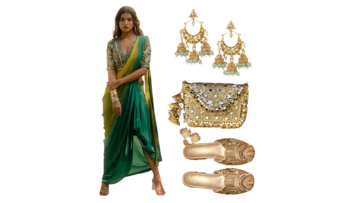 Elegant traditional outfit with a green drape sari skirt, embroidered blouse, gold Kolhapuri flats, statement earrings, and a golden embellished potli bag.