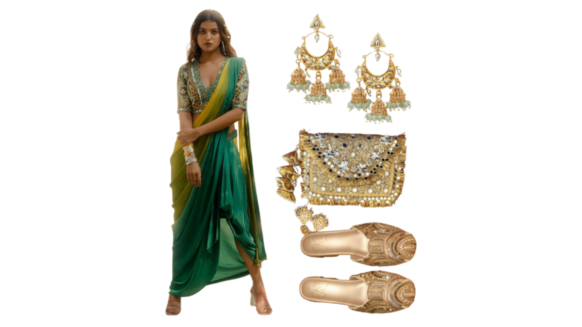 Elegant traditional outfit with a green drape sari skirt, embroidered blouse, gold Kolhapuri flats, statement earrings, and a golden embellished potli bag.