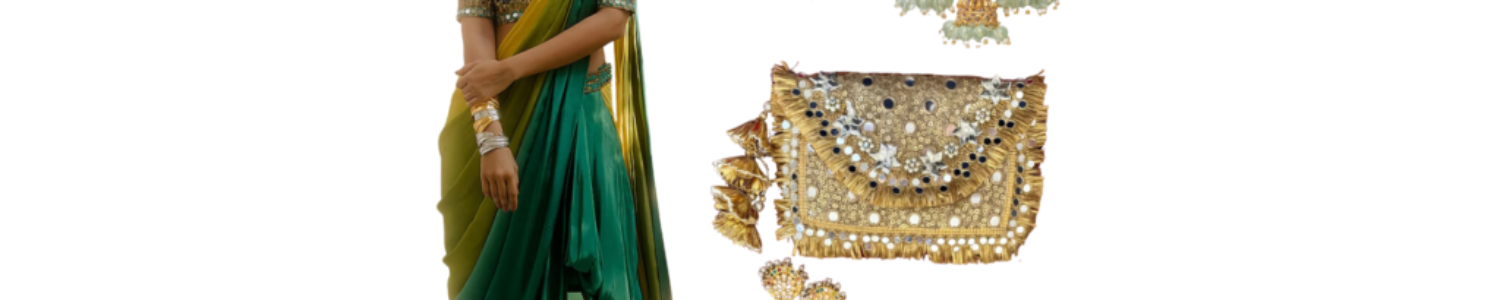 Elegant traditional outfit with a green drape sari skirt, embroidered blouse, gold Kolhapuri flats, statement earrings, and a golden embellished potli bag.