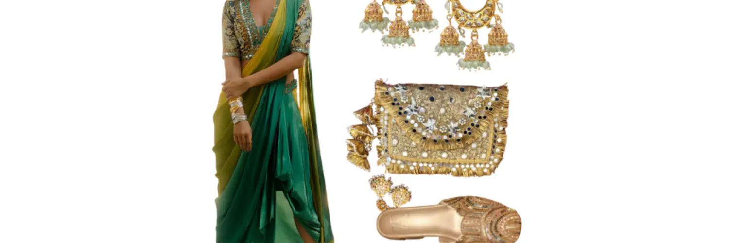 Elegant traditional outfit with a green drape sari skirt, embroidered blouse, gold Kolhapuri flats, statement earrings, and a golden embellished potli bag.