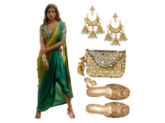 Elegant traditional outfit with a green drape sari skirt, embroidered blouse, gold Kolhapuri flats, statement earrings, and a golden embellished potli bag.